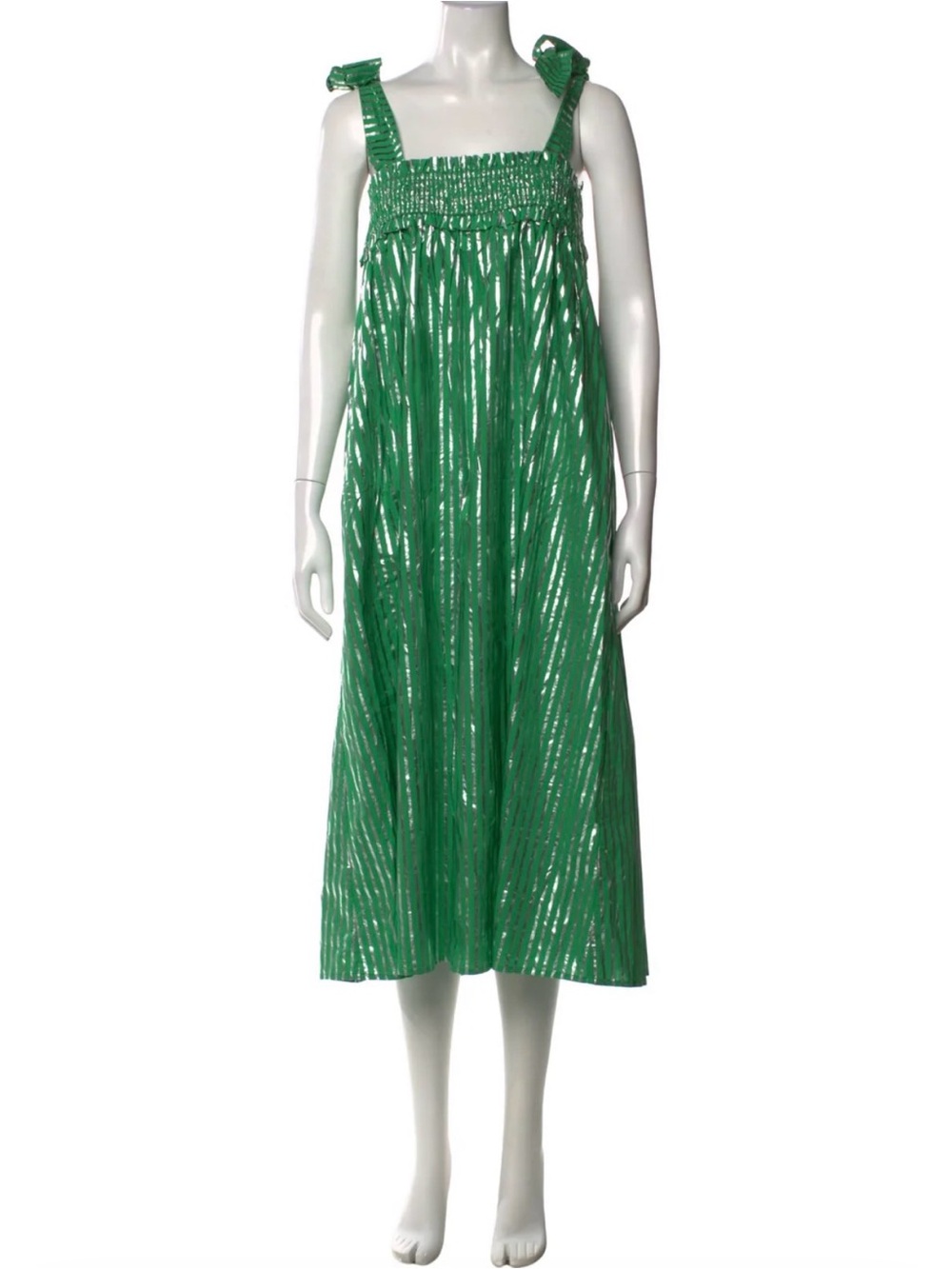 Buru Green Metallic-Striped Smocked Midi Dress XS/S